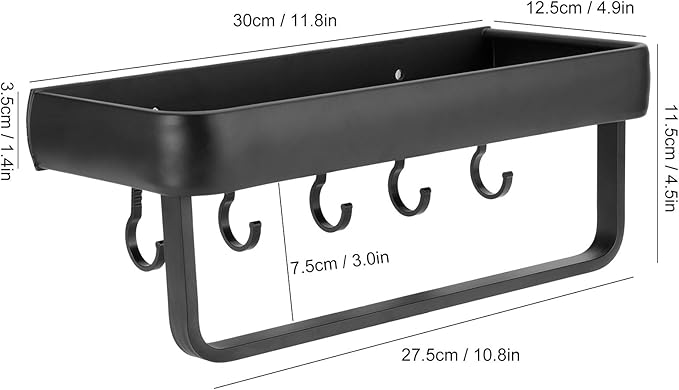 CDQL Bathroom Shelf, Space Aluminum, Wall Mounted, Hollow Storage Rack, Heavy Duty, Spacious Countertop Design Basket Organizer for Home (Single Layer with Rod with 5 Hooks)