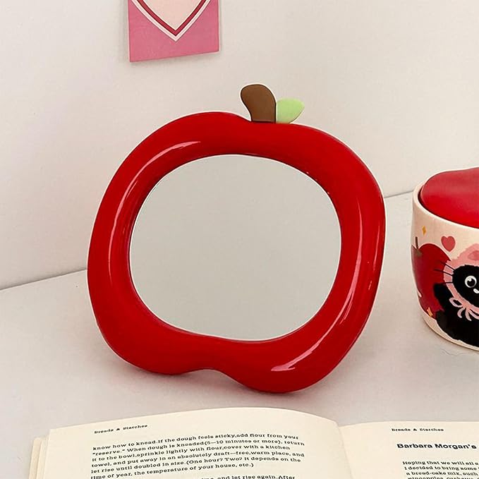 Apple Shaped Makeup Mirror - 6.22x6.3 Inch Portable Vanity Mirror with Stand, Cute Desk Decor for Bedroom, Bathroom & Office (Red)