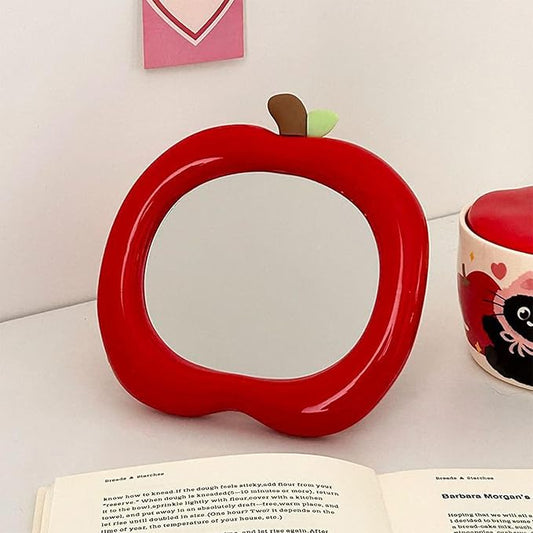 Apple Shaped Makeup Mirror - 6.22x6.3 Inch Portable Vanity Mirror with Stand, Cute Desk Decor for Bedroom, Bathroom & Office (Red)