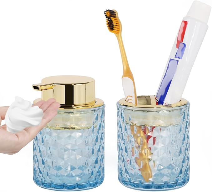 Bathroom Accessories Set 2pcs Glass Foaming Soap Dispenser and Toothbrush Holder for Bathroom Countertop, Blue Glass Bathroom Assessory Set with Gold Decor