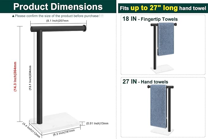 Hand Towel Holder, Hand Towel Stand for Bathroom with Marble Base, 304 Stainless Steel L Shape Hand Towel Rack Bar Standing for Vanity Kitchen Countertop, Matte Black