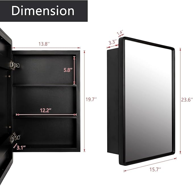 24”x16” Recessed Wood Medicine Cabinet with Mirror for Bathroom – Wall-Mounted Wooden Bathroom Cabinet with Adjustable Storage Shelf (Black, 16“x24)