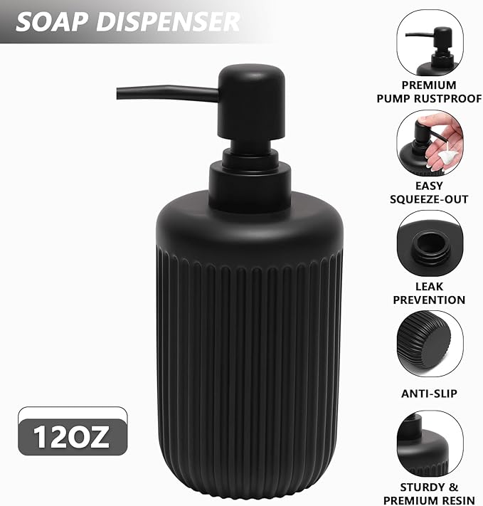 XLHOMO Resin Matte Black Bathroom Accessories Set 5 Pcs, Lotion Soap Dispenser, Toothbrush Holder, Bathroom Tumbler, Qtip Holder and Vanity Tray, Bathroom Countertop Organizer Set for Home Apartment