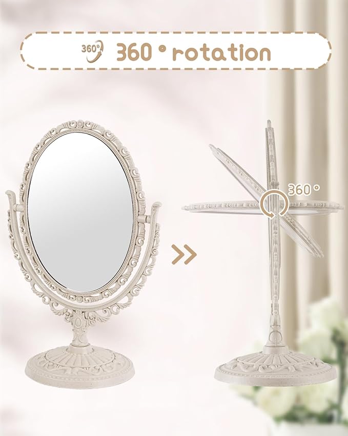 XPXKJ Vintage Vanity Mirror Shabby Chic Decor | 360° Rotating Double-Sided Table Makeup Mirror with Stand Bedroom Decoration Perfect for Tabletop, Desk, or Makeup Station