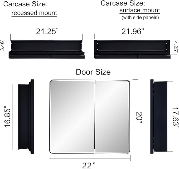 IDYLLOR Black Bathroom Medicine Cabinet with Round Corner Framed Door and Beveled Edge Mirror 22 x 20 inch, Recessed or Surface Mount, with Adjustable Glass Shelves