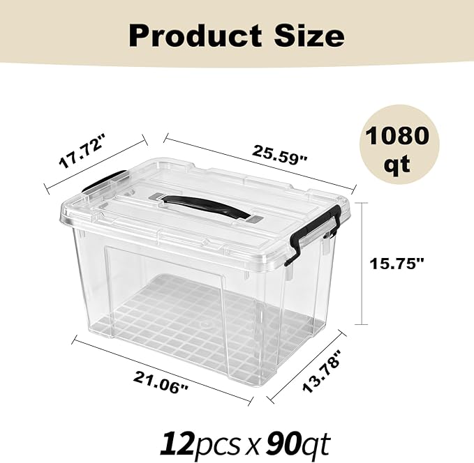 12 Pack 90 Qt Clear Large Storage Bins with Lids, Stackable Plastic Organizer for Home, Office, Garage, BPA-Free, Heavy-Duty, See-Through Containers with Secure Latches & Handles