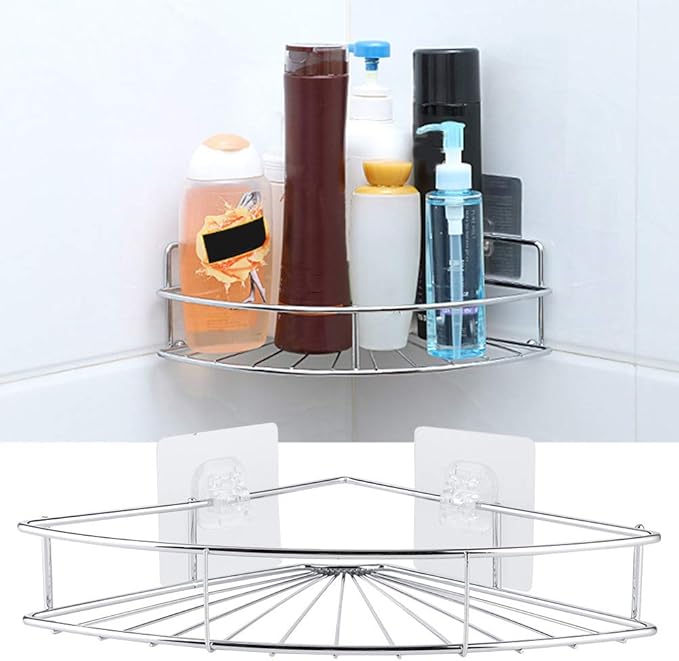 Punch Stainless Steel Triangular Storage Shelf, Corner Bathroom Shelf Rack Organizer with Adhesive, Hollow Ventilated Design for Bathroom Kitchen Dormitory, Strong Viscosity