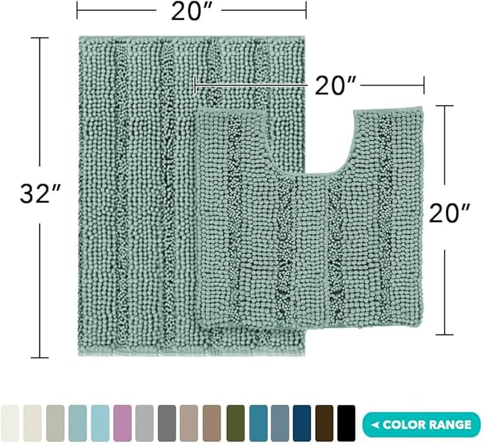Turquoize Chenille Bathroom Rugs Set Non-Slip Bath Mats for Bathroom Super Absorbent Shaggy Rugs for Tub Shower Toilet Bath Rug Plus U Shaped Rug (Standard: 20" x 32" and 20" x 20" U), Duckegg Blue