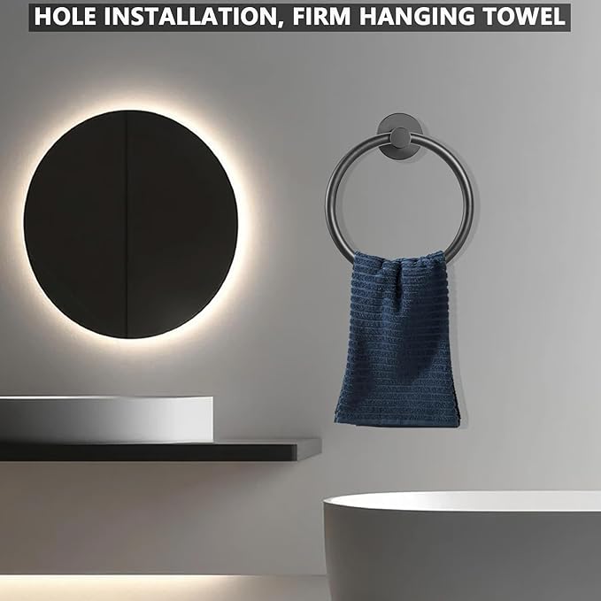 WOOPHEN Hand Towel Ring, Thicken Stainless Steel Bath Towel Holder Modern Round Towel Hanger Wall Mounted for Bathroom, Kitchen (Matte Black)
