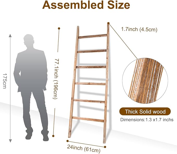RANXFLOAT 6-Tier Blanket Ladder Wooden, Blanket Quilt Towel Holder Rack Decorative Ladder, Rustic Farmhouse Ladder Shelf for The Living Room Bedroom Home Decor Carbonized Wood 24 Inch