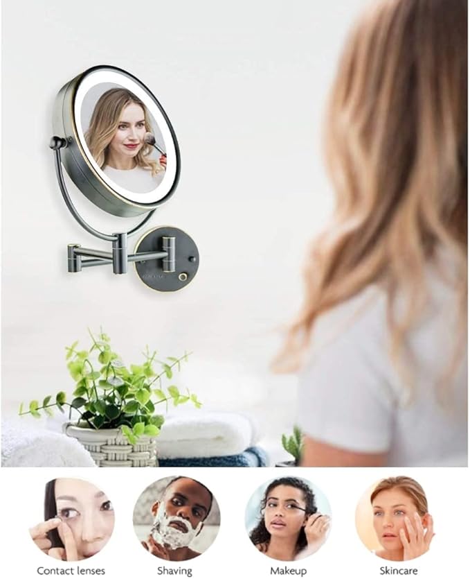 OVENTE Wall Mounted Lighted Makeup Vanity Mirror, 9" Hard Wired Double Sided 1X/7X Magnifying Bathroom Mirror, Dimmable LED Lights, 360° Rotation and 14" Extendable Arm, Rubbed Bronze MPWD3185BZ1X7X