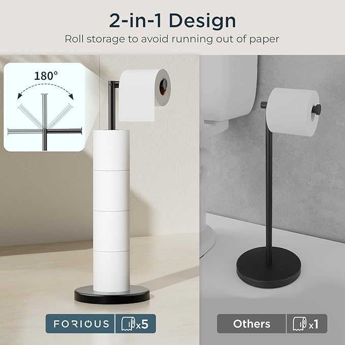 FORIOUS Toilet Paper Holder Stand Adjustable, Stainless Steel Freestanding Toilet Paper Holder with Storage, Bathroom Tissue Roll Stand Storage for 4 Rolls, Matte Black (Pack of 2)