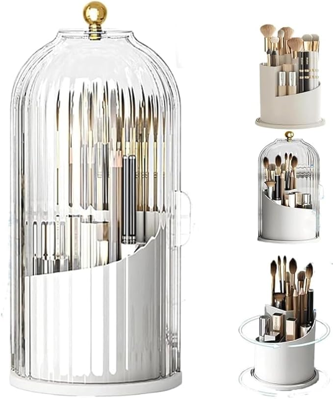 Makeup Brush Holder Organizer with Cover, 360?? Rotating Dustproof Make up Brush Holder Cosmetic Tools Organizer for Vanity, Concealed Toothbrush Holder for Bathroom Countertop