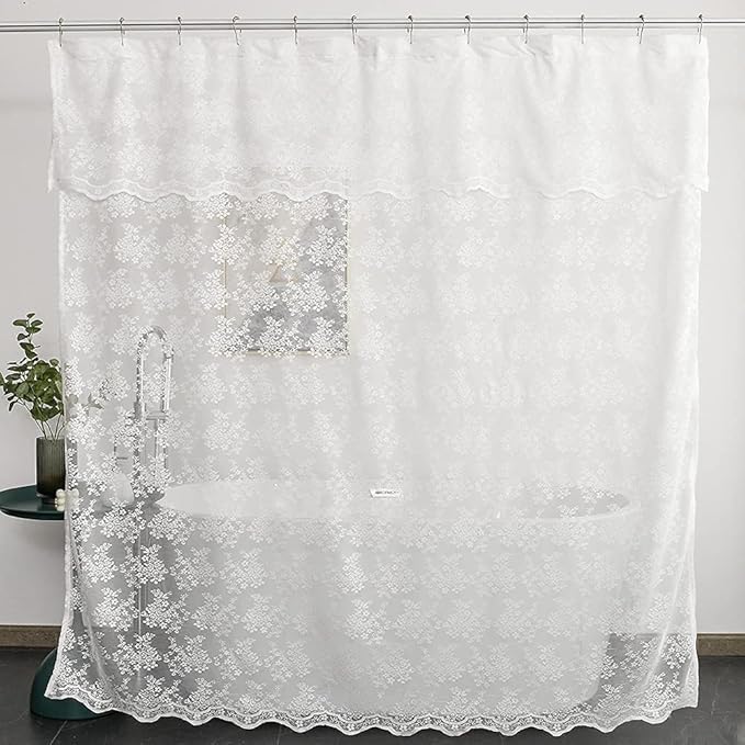YJ YANJUN White Lace Shower Curtain - Victorian Shower Curtain with Attached Valance, Floret Lace Shower Curtain for Bathroom Scalloped Edge, 72 x 72 Inch, 1 Panel