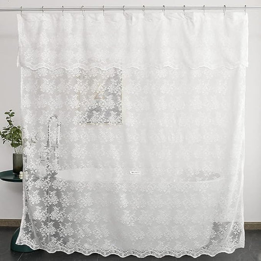 YJ YANJUN White Lace Shower Curtain - Victorian Shower Curtain with Attached Valance, Floret Lace Shower Curtain for Bathroom Scalloped Edge, 72 x 72 Inch, 1 Panel