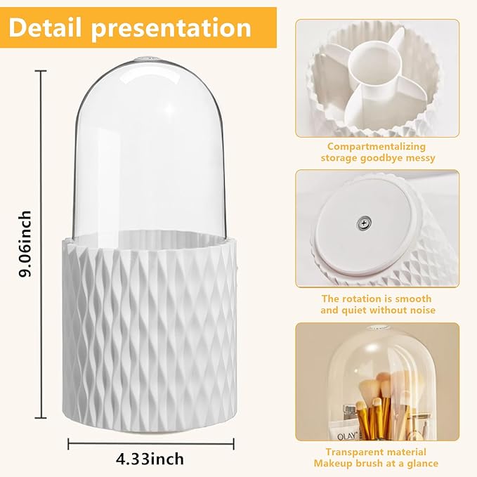LIVETA Dustproof Makeup Brush Holder with Clear Lid, Rotating Multifunctional Large Capacity Pen Holder Storage for Desk,Cosmetics Makeup Brushes Organizer for Vanity and Bathroom Countertop(White)