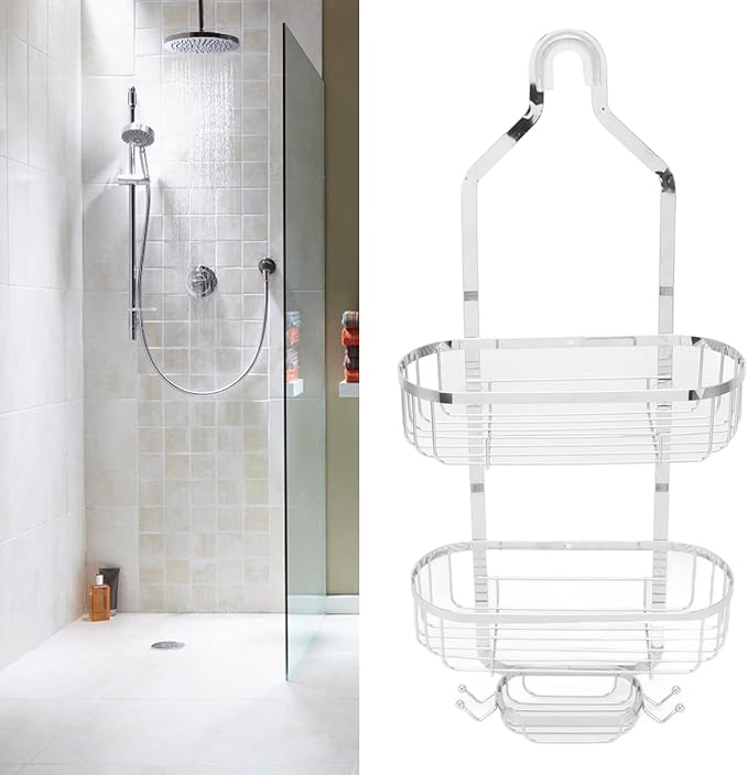 Metal Iron Wall Mounted Bathroom Basket, 2 Layer Punch Free Bathroom Shelves, Rust Storage Basket for Tile and Glass Surfaces, Easy Install Toilet Accessories for Bathroom (Electroplated)