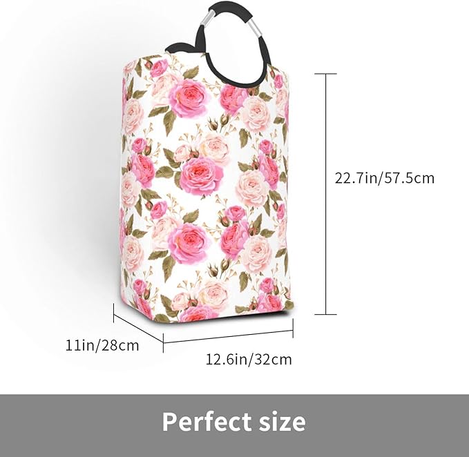 Floral Laundry Basket Flower Rose Laundry Hamper Pink Collapsible Baskets with Handle Dirty Clothes Bag Hamper for Dorm Family Bathroom Decor Storage 50L