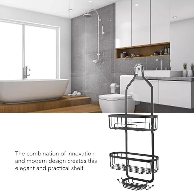 Metal Iron Wall Mounted Bathroom Basket, 2 Layer Punch Free Bathroom Shelves, Rust Storage Basket for Tile and Glass Surfaces, Easy Install Toilet Accessories for Bathroom (Black)