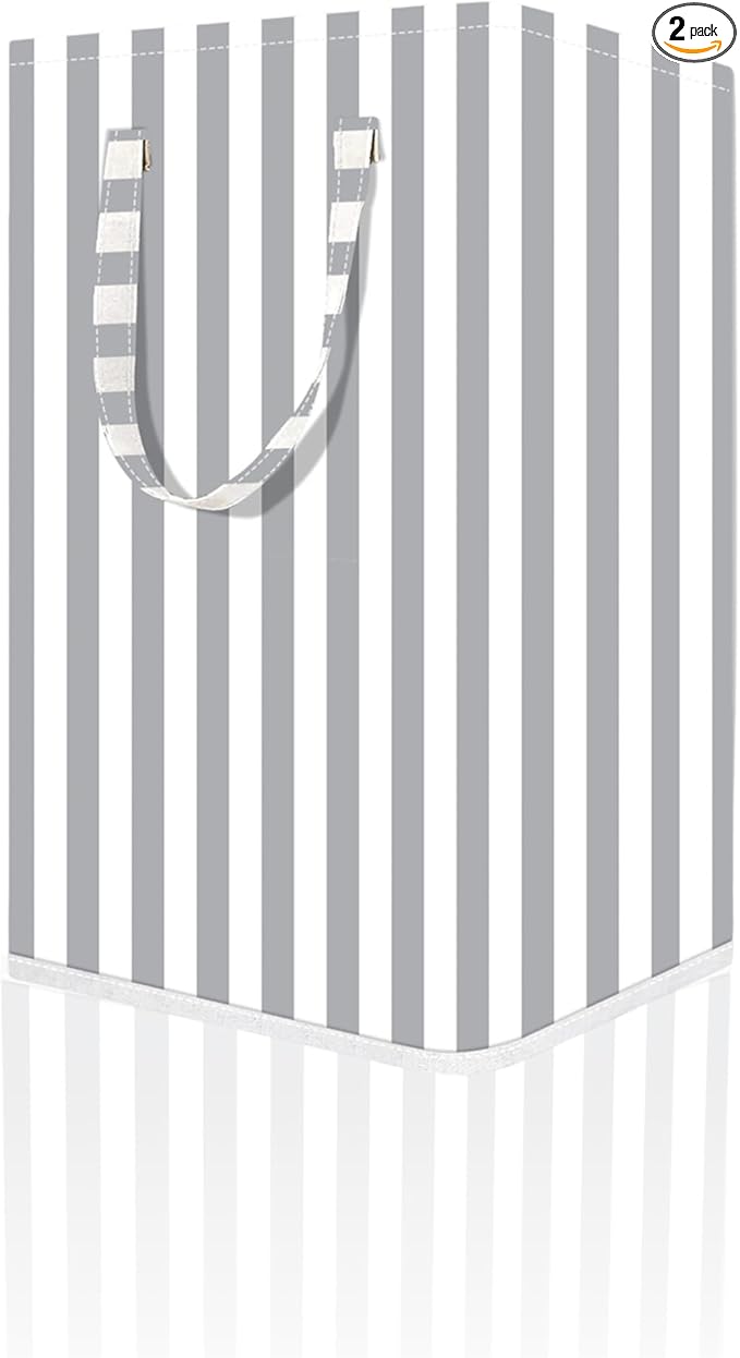 Large Laundry Basket ，75L Waterproof,Collapsible Laundry Hamper with Extended Handles for Clothes in the Family Dorm (Vertical Stripe Grey)