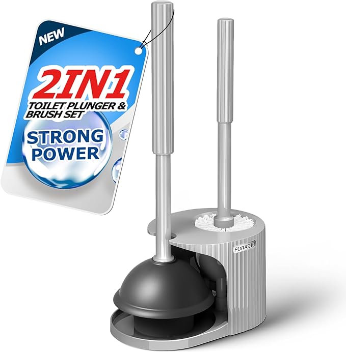 FORASTO 2 in 1 Toilet Plunger and Brush Set???Extended Handle Plunger???Toilet Bowl Brush Plunger Set,Bathroom Cleaning Tools ???Toilet Brush Plunger Combo???Cleaning Brush???Dark Gray