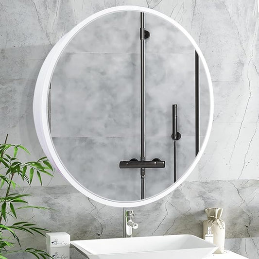 Round Medicine Cabinet,Medicine Cabinet with Mirror,Aluminum Framed,Soft Close Hinge,26inch,White