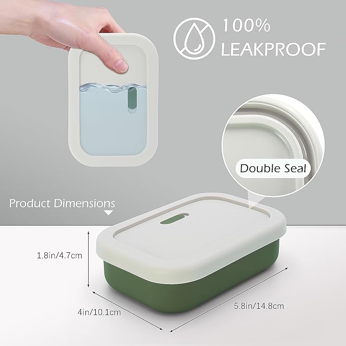 AIDIMMING Silicone Enhanced Leak Proof Travel Soap Case, Vented Shampoo Bar Holder, Large Bar Soap Box with Lid Portable Soap Dish with Draining Layer (Offwhite& Green)