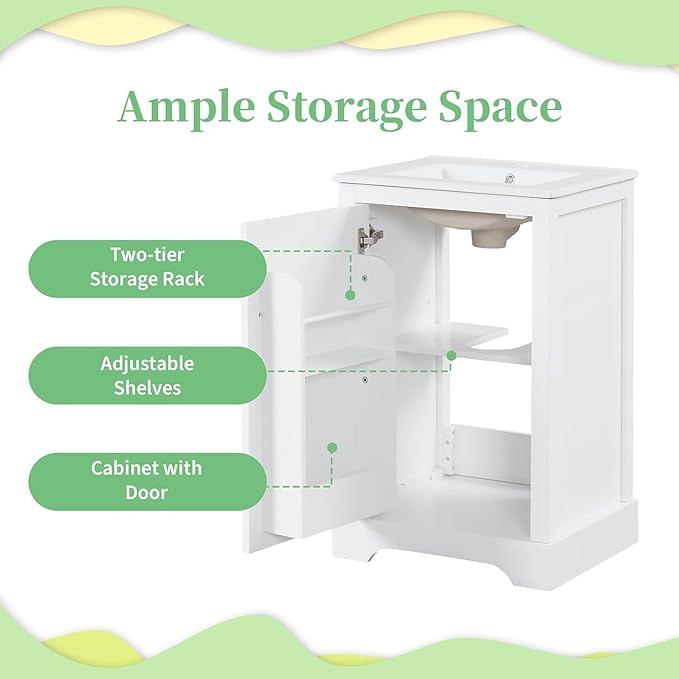 Virubi 20 in Small Bathroom Vanity with Sink,Soft Close Door and Adjustable Shelf,Wood Modern Single Bathroom Sink Cabinet,Freestanding (White)
