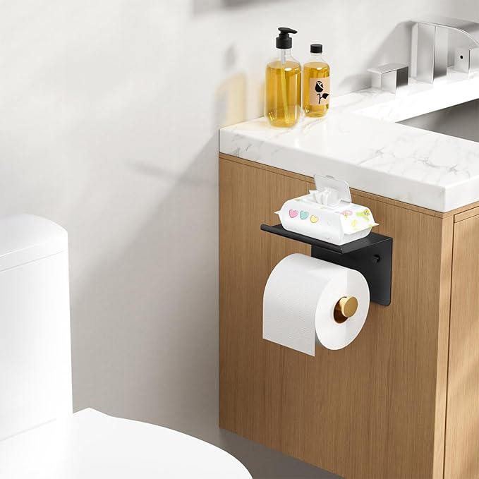 Toilet Paper Holder with Shelf, Adhesive or Screw Wall Mount Toilet Paper Roll Holder for Bathroom, Rustproof 304 Toilet Roll Tissue Holder Dispenser with Phone Shelf (1, Matte Black & Brushed Gold)