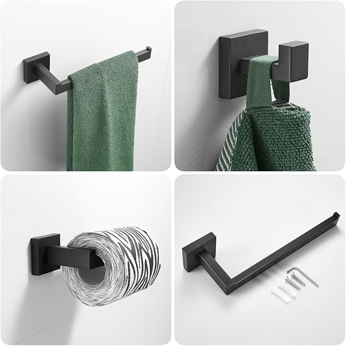 Bathroom Hardware Set Matte Black 23.6-Inch Towel Bar,2pcs Towel Hook,Toilet Paper Holder,Hand Towel Holder Stainless Steel Bathroom Accessories GTS3190B…