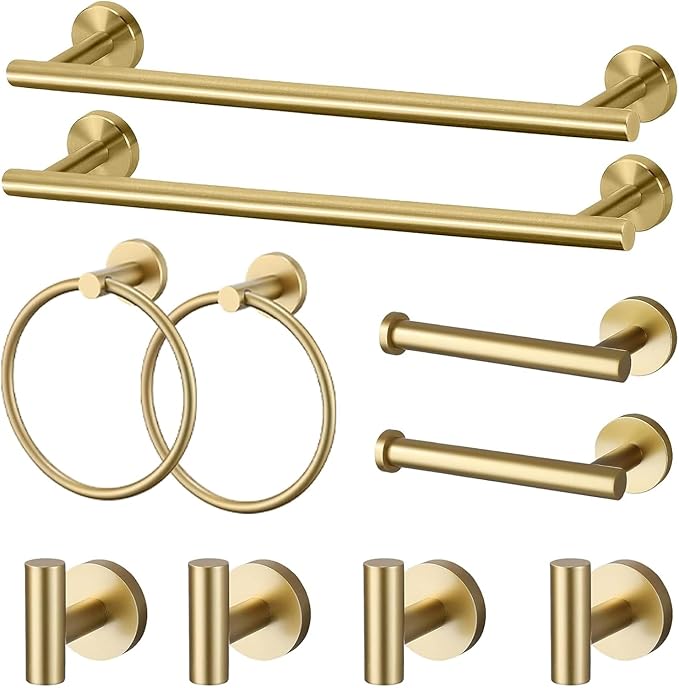 Bathroom Hardware Set, 16" Bathroom Towel Holder with Toilet Paper Holder, Towel Ring, Towel Hook, Bathroom Accessories for Kitchens, Laundry Rooms (10, Gold)