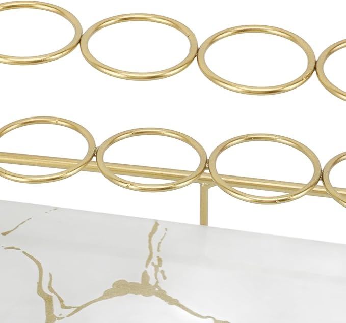 Double Layer Countertop Storage Rack, Bathroom Countertop Organizer with Electric Toothbrush Holder, Iron and Glass Counter Shelf for Toiletries and Cosmetics (White Background Gold Grain)