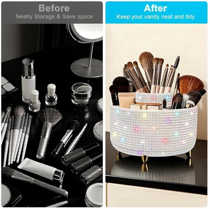 Bling Makeup Brush Holder,360° Rotating Makeup Brush Organizer,5 Slot Make up Brushes Cup for Cosmetics,Large Capacity,For Nail Polish, Art Supply, Bathroom Vanity,Cosmetics Organizer,Diamond White