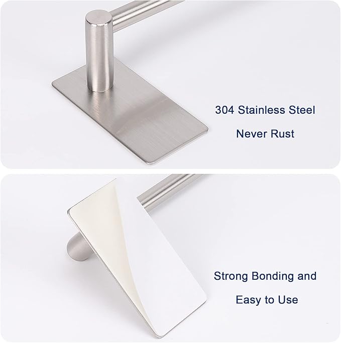 NearMoon Self Adhesive Bathroom Towel Bar- Stainless Steel Bath Wall Shelf Rack Hanging Towel Stick On Sticky Hanger Contemporary Style, NO Drilling (2 Pack, Brushed Nickel, 16-Inch Towel Rack)