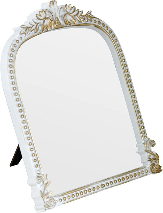 Antique White Plastic Arched Makeup Mirror, Standing, Hanging or Wall Mount, Bathroom, Living Room, Bedroom White and Gold Decorative Mirror (10.6 x 8.6 inch)