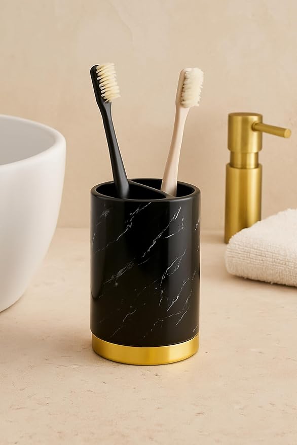 WPM 4 Piece Ceramic Bathroom Accessories Set - Marble Look Black Gold - Our Complete Bath Decor Kit Includes Designer Soap or Lotion Dispenser - Toothbrush Holder - Tumbler - Soap Dish
