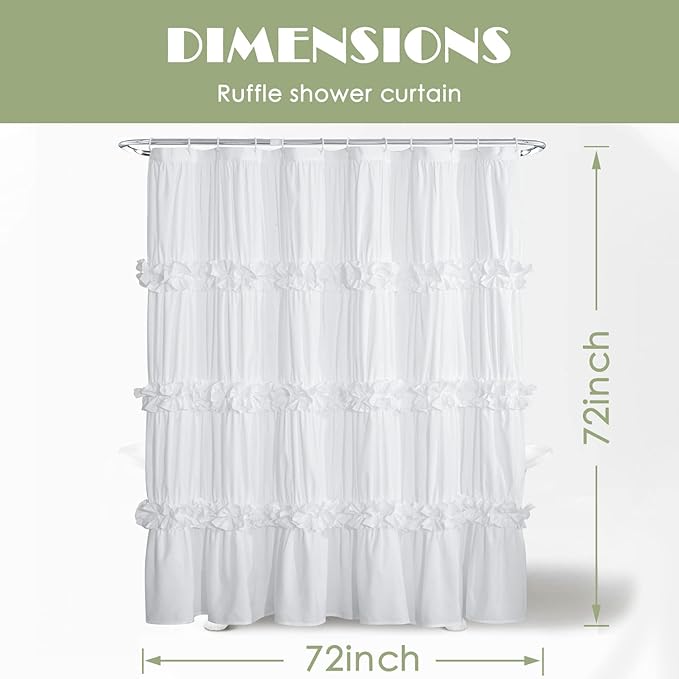 Victorian Ruffle Shower Curtain, Ruched Microfiber Vintage Handcrafted Bow Tie Bath Curtain for Master Bathroom, with 12 Buttonholes, 72" W x 72" H, White (LQ-10)