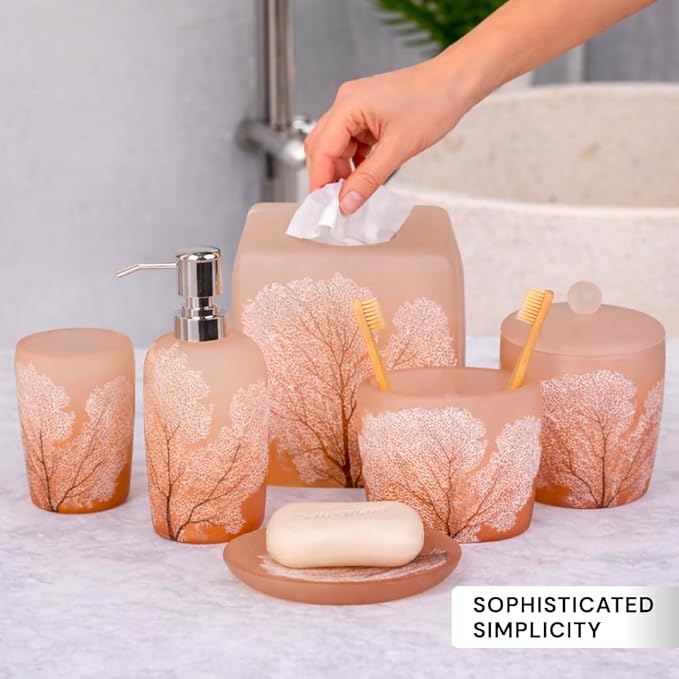 Decozen Bathroom Accessories 6Pcs Set, Soap Dispenser, Toothbrush Holders, Tumbler, Soap Dish & Cotton Swab Jar – Modern Bathroom Decor, Modern Farmhouse Decor, Countertop Accessories, Orange