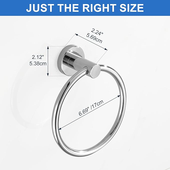 RUMOSE Polished Chrome Bath Towel Ring Heavy Duty Round Hand Towel Holder Hanger for Bathroom & Kitchen, Stainless Steel Drill Free with Glue or Wall Mounted with Screws