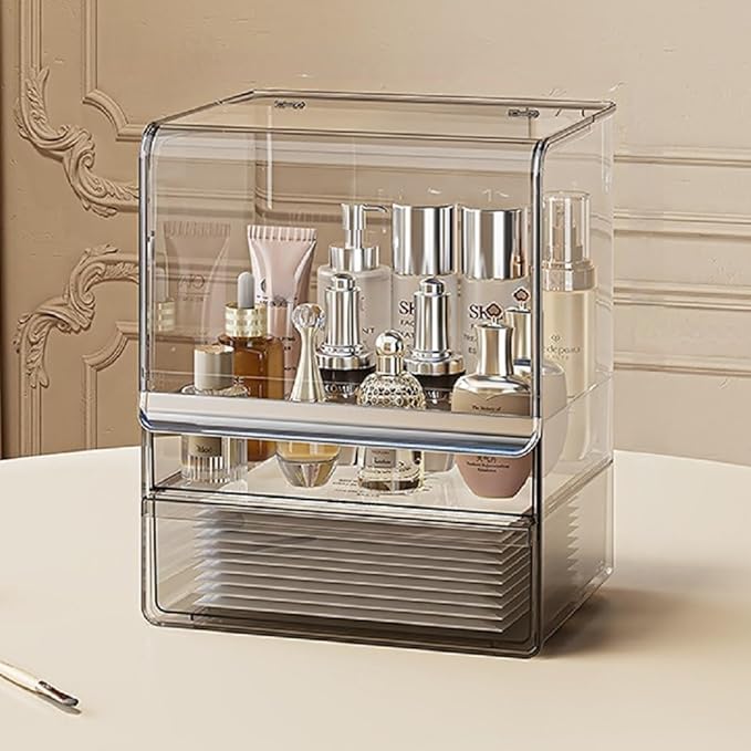 Makeup Organizer with Lid Drawers Translucent Skincare Holder Large Capacity Cosmetics Countertop Storage Box for Vanity Easy Visibility Dustproof (Silver Dark,Large Organizer)