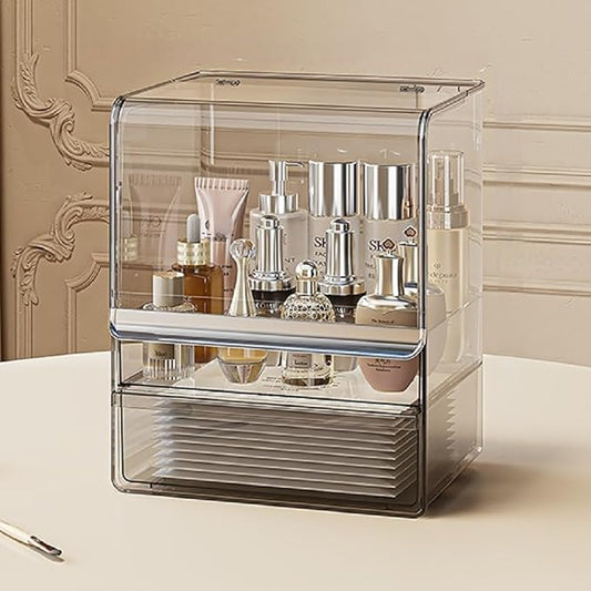 Makeup Organizer with Lid Drawers Translucent Skincare Holder Large Capacity Cosmetics Countertop Storage Box for Vanity Easy Visibility Dustproof (Silver Dark,Large Organizer)
