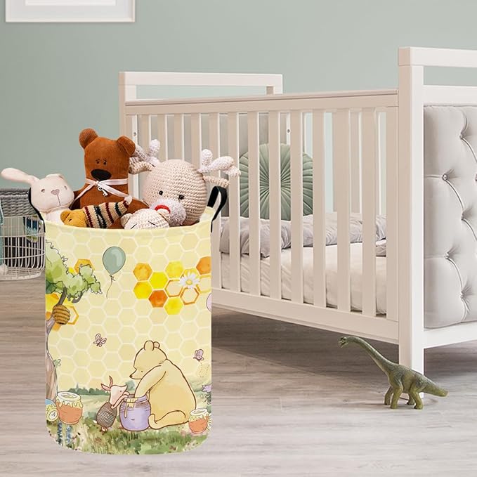 Greatingreat Winnie Foldable Laundry Hamper, Circular Canvas Storage Basket with PE Coating, Collapsible Clothes Organizer for Home, Nursery, and Bedroom (Yellow)
