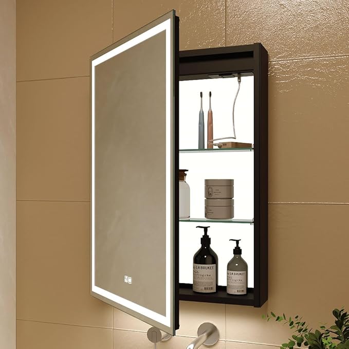 KWW LED Lighted Bathroom Medicine Cabinet with Backlit Panel, Sockets & USBs. Anti-Fog, Dimmable, 3 Color Light Makeup Mirror, Easy to Install, Wall Mounted (Inner Glow-Left hinge-20 * 28)