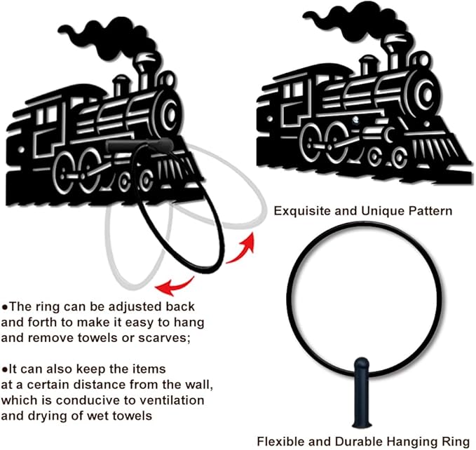 MAYJOYDIY Train Metal Towel Ring Round Vintage Train Hand Towel Holder Ring Hanger Black Vintage Towels Wall Organizer for Kitchen Bath Home Laundry Room Decors Gifts