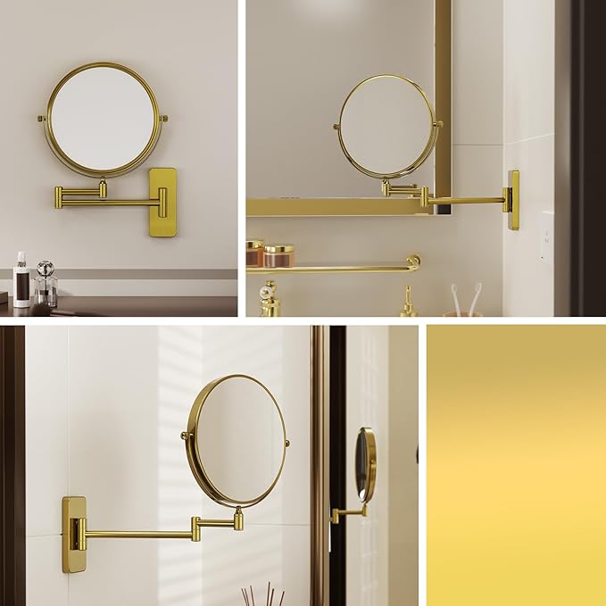 Nicesail Brass Make up Mirror Wall Mounted,1X and 7X Double-Sided Magnifying Mirror Brass Vanity Mirror for Bathroom Wall Extendable Swivel, Antique Brass Finish (8 Inch, 7X)