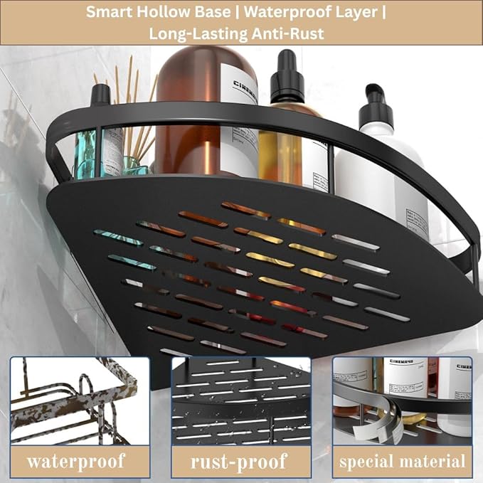 Self Adhesive Aluminum Corner Shelf for Bathroom & Kitchen | Wall Mounted Storage Rack Organizer | No Drilling Bathroom Accessories Holder (Black,Pack of 2)