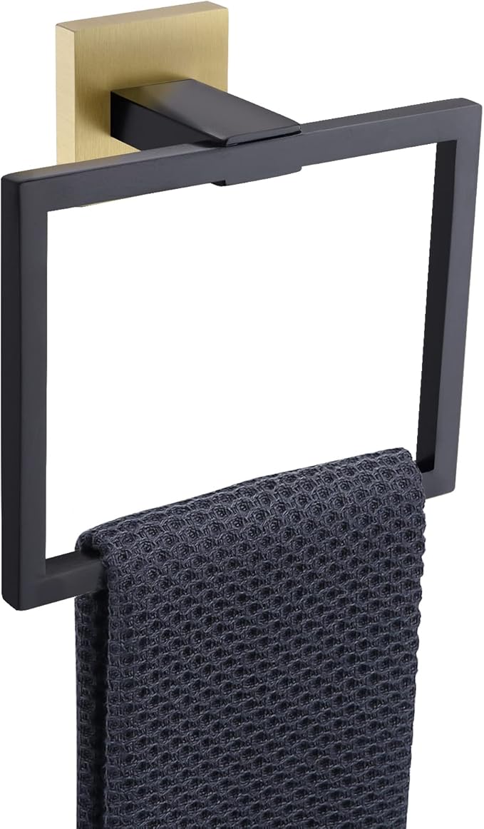 TNOMS Black and Gold Towel Ring Modern Square Hand Towel Bar,Towel Holder for Bathroom,Wall Mount Stainless Steel
