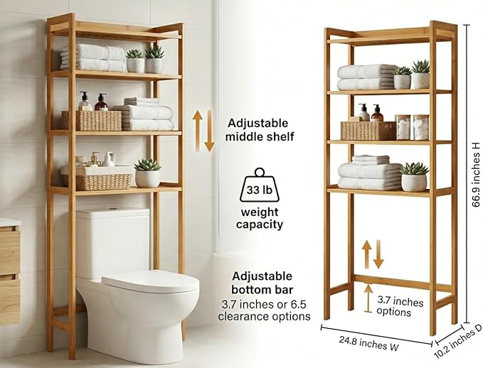 Over the Toilet Storage, 3-Tier Bamboo Bathroom Organizer with Adjustable Shelf, Space-Saving Rack, 66.9" Tall (Natural Color)