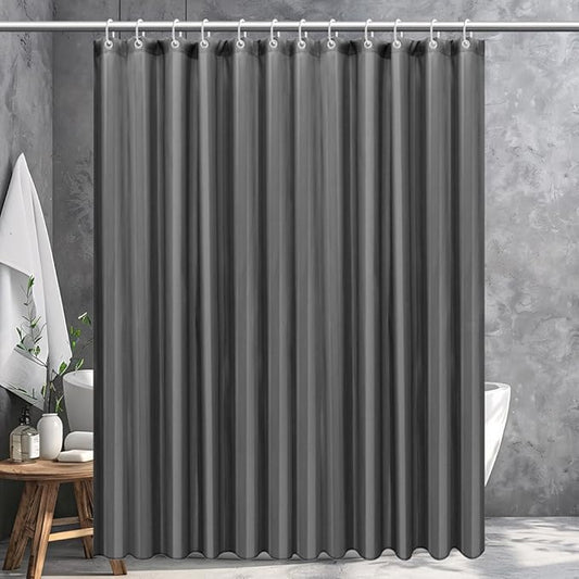 Strip Grey Fabric Shower Curtain with Magnets - 85 GSM Heavy Duty Waterproof Bath Curtain, 12 Reinforced Metal Grommets (72x72 Inches)