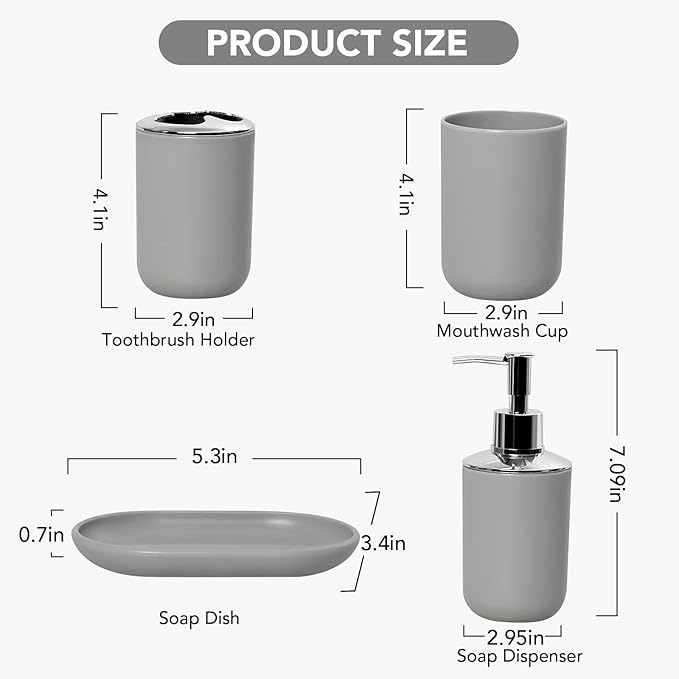 Matte Gray Bathroom Accessories Set, 4 Piece Plastic Bathroom Toothbrush Holder Set, Include Soap Dispenser, Toothbrush Holder, Rinse Cup, Soap Dish, Boho Grey Bathroom Decor for Home, Bathroom Set